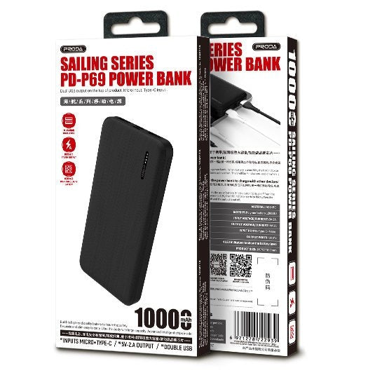 Преносима батерия Proda Azeada 10000mAh 2x USB 2A Черен