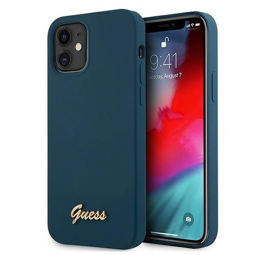 Калъф за телефон Guess Metal Logo Script iPhone 12 Mini син