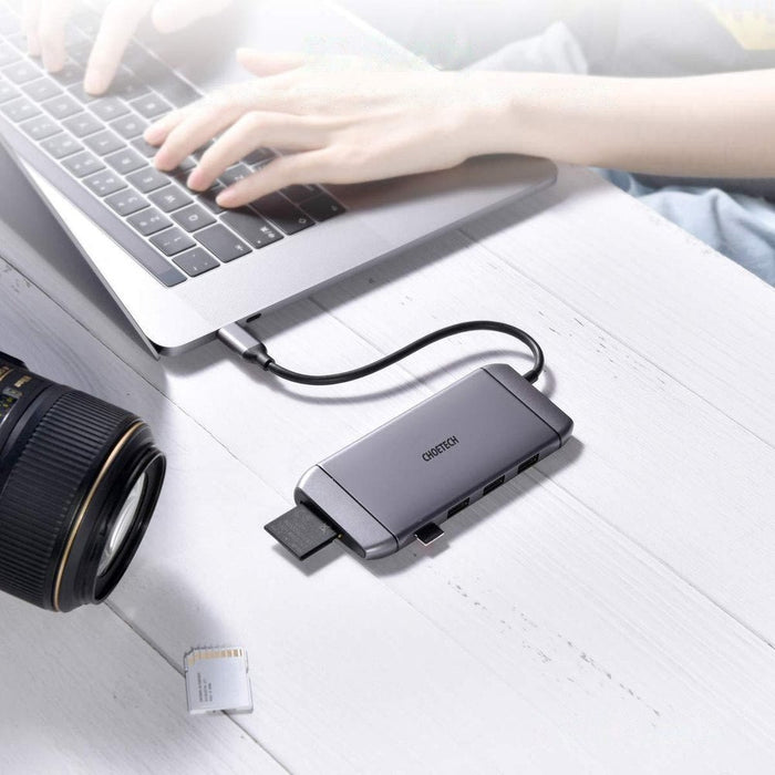 Хъб Choetech HUB-M15, 9в1, USB-C, 3x USB 3.2 Gen 1, SD TF, HDMI 4K, 30Hz, VGA, Full HD, 60Hz, USB-C, RJ45, сив