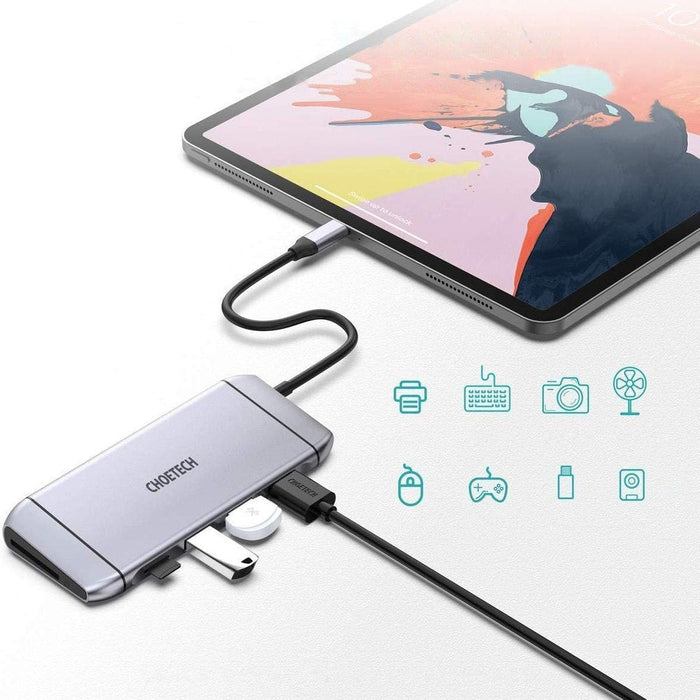 Хъб Choetech HUB-M15, 9в1, USB-C, 3x USB 3.2 Gen 1, SD TF, HDMI 4K, 30Hz, VGA, Full HD, 60Hz, USB-C, RJ45, сив