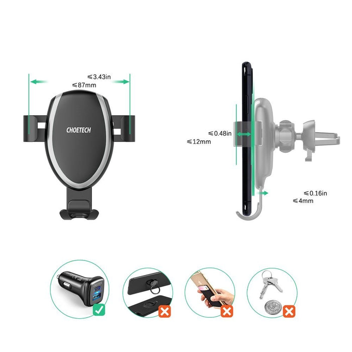 Безжично зарядно и стойка Choetech, T536-S, 10W / 7.5W / 5W, За телефон за автомобил, С вендузата, Черен