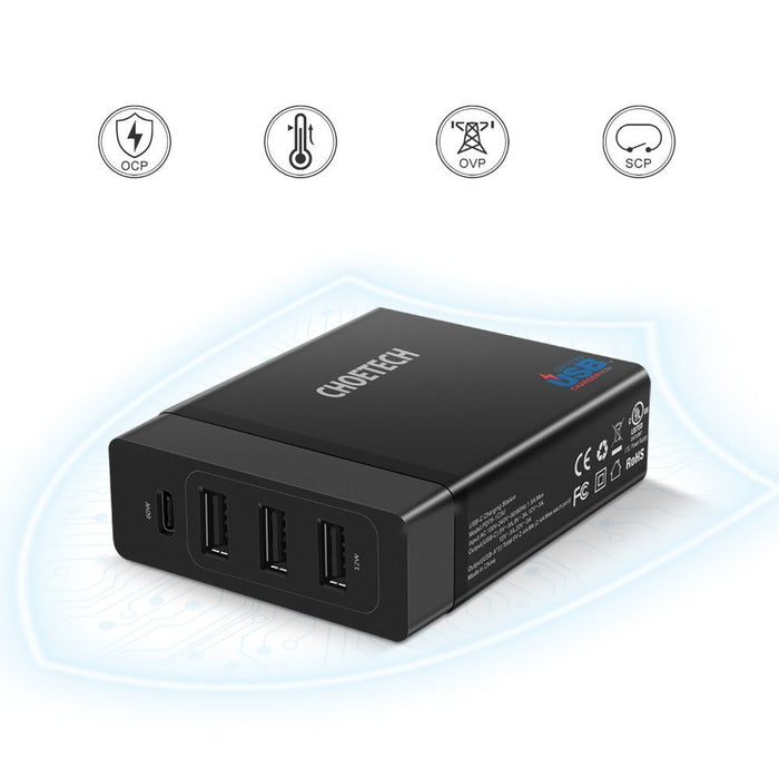 Мрежово зарядно Choetech PD72-1C3U, 3x USB, 1X USB-C, 60W, Power Delivery, черен