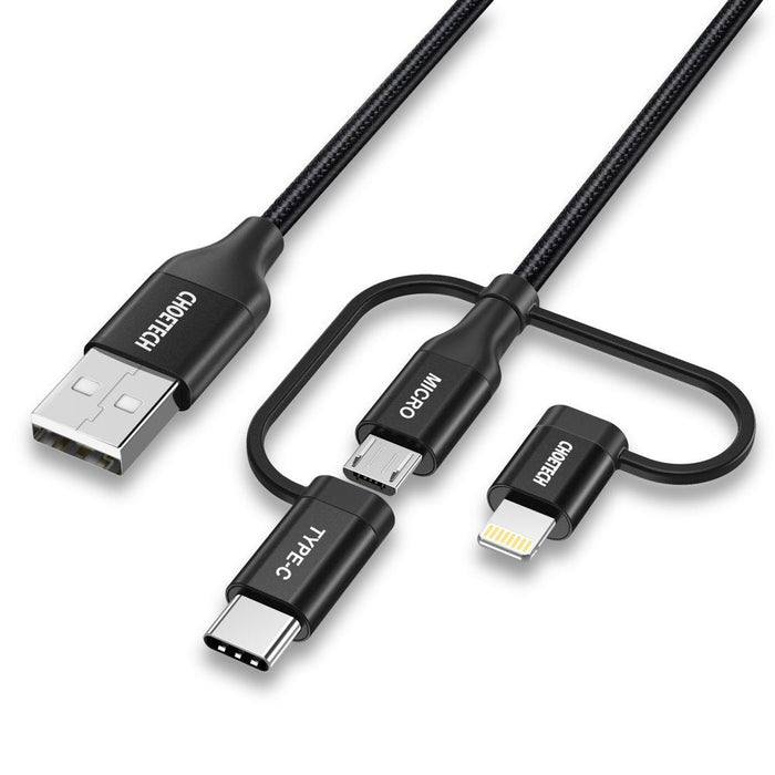 Кабел Choetech IP0030-BK, 3в1, MFI, USB към USB-C, Micro USB, Lightning, 1.2m, черен