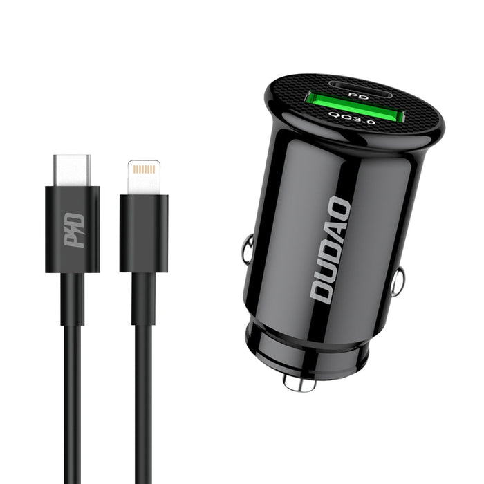 Зарядно за кола Dudao R3PRO, USB, QC3.0, USB-C, PD, USB-C към Lightning кабел, 18W, черен