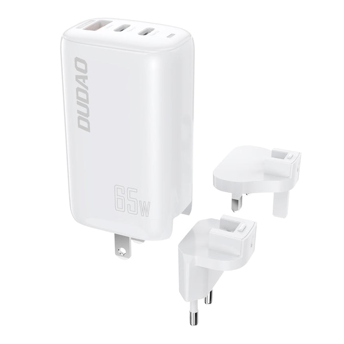 Мрежово зарядно Dudao A7PRO, GaN, 3в1, EU, US, UK, 2x USB-C, PD, USB, QC, 65W, бял
