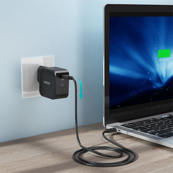 Мрежово зарядно Choetech Q6006, GaN, USB-C, 60W, Power Delivery, USB-C към USB-C, 1.8m, черен