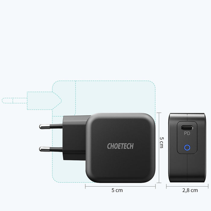 Мрежово зарядно Choetech Q6006, GaN, USB-C, 60W, Power Delivery, USB-C към USB-C, 1.8m, черен