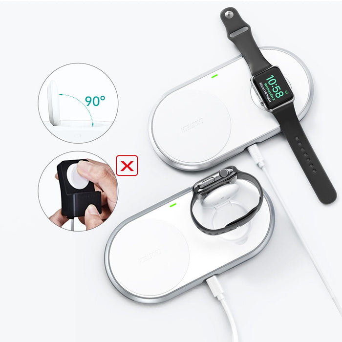 Безжично зарядно Choetech T317, Qi, 2в1, за телефон, за Apple Watch, със стойка, MFI, USB-C, бял