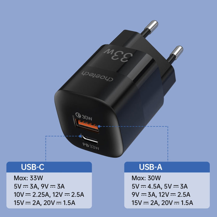 Мрежово зарядно Choetech PD5006 USB USB - C PD QC 33W черен