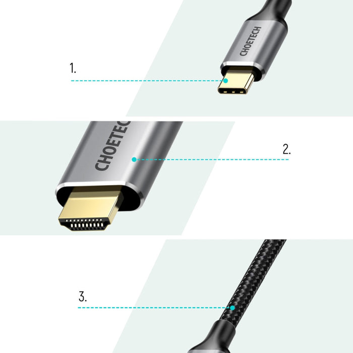 Адаптер Choetech CH0021, USB-C към HDMI 2.0, (3840 x 2160 @ 60Hz), USB-C, HDMI (3840 x 2160 @ 60Hz), 2m, сив