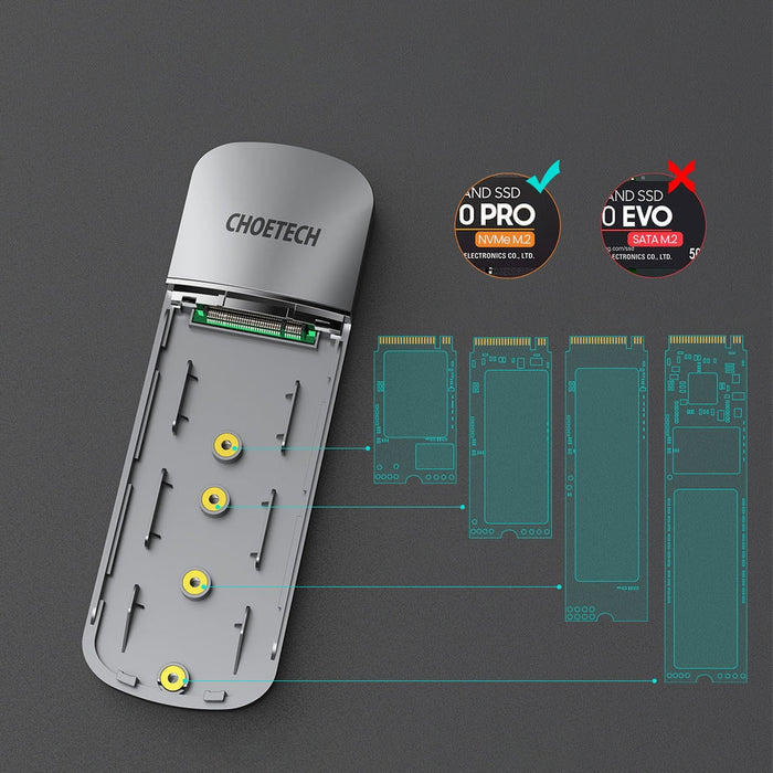 Външна кутия Choetech PC-HDE16, SSD, M.2, USB-C, Сив