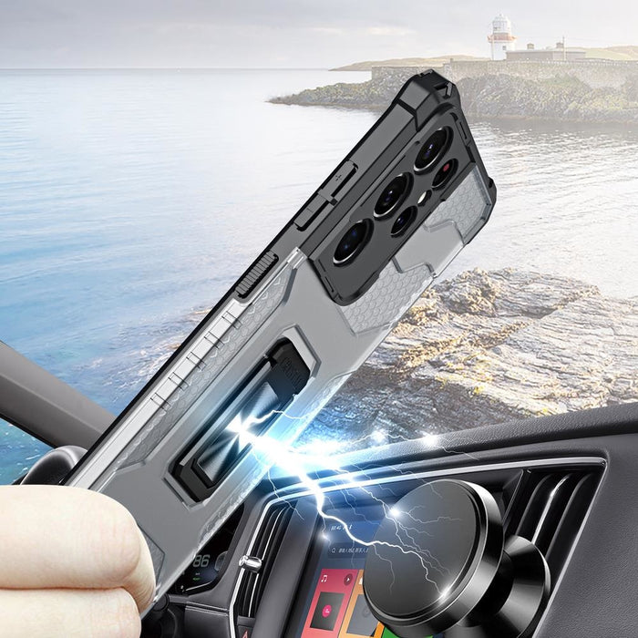 Crystal Ring Case здрав хибриден кейс + Магнитен държач за Samsung Galaxy S22 Ultra, син