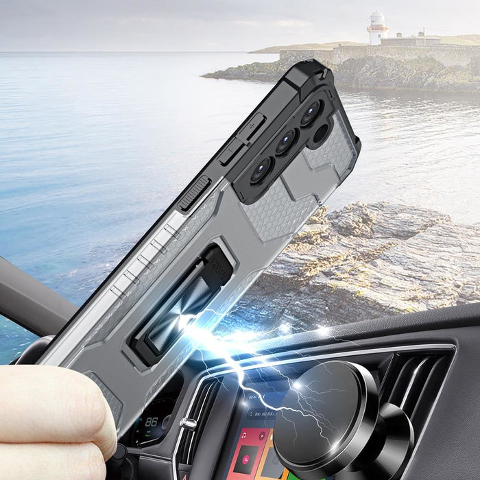 Crystal Ring Case здрав хибриден кейс + Магнитен държач за Samsung Galaxy S22 + (S22 Plus), син