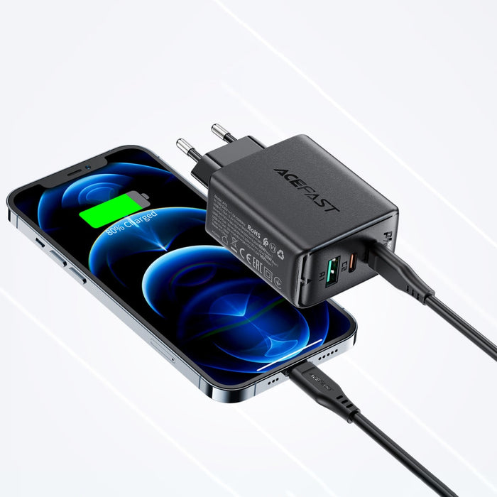 Мрежово зарядно Acefast A13, 2в1, 2xUSB-C, USB, 65W, PD, QC 3.0, AFC, FCP, с кабел, черен