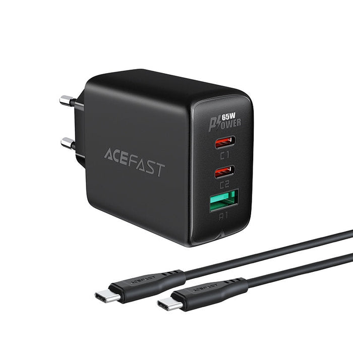 Мрежово зарядно Acefast A13, 2в1, 2xUSB-C, USB, 65W, PD, QC 3.0, AFC, FCP, с кабел, черен