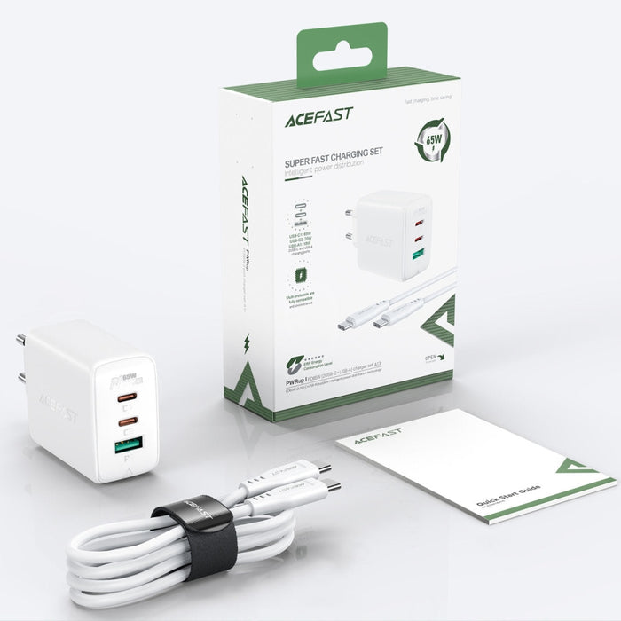 Мрежово зарядно Acefast A13, 2в1, 2xUSB-C, USB, 65W, PD, QC 3.0, AFC, FCP, с кабел, бял