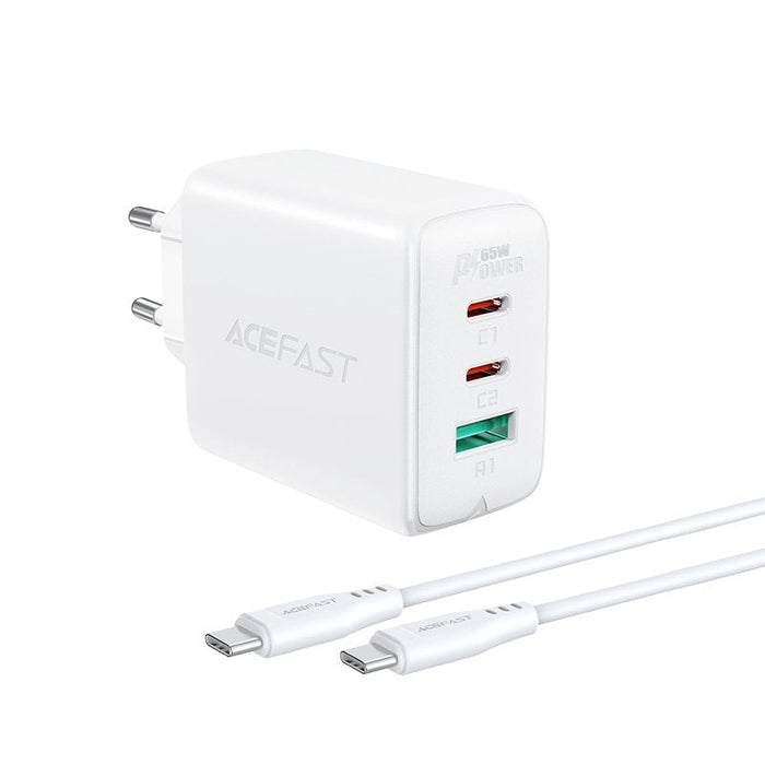 Мрежово зарядно Acefast A13, 2в1, 2xUSB-C, USB, 65W, PD, QC 3.0, AFC, FCP, с кабел, бял