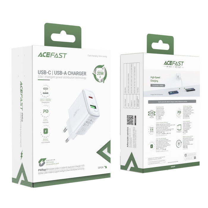 Адаптер за зарядно устойство Acefast, USB Type C/USB, 20W, PPS, PD, QC 3.0, AFC, FCP, Бял