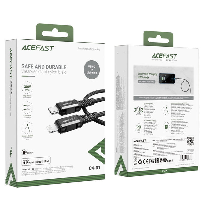 Кабел за зареждане Acefast MFI от USB Type C към Lightning, 1.8m, 30W, 3A, Черен