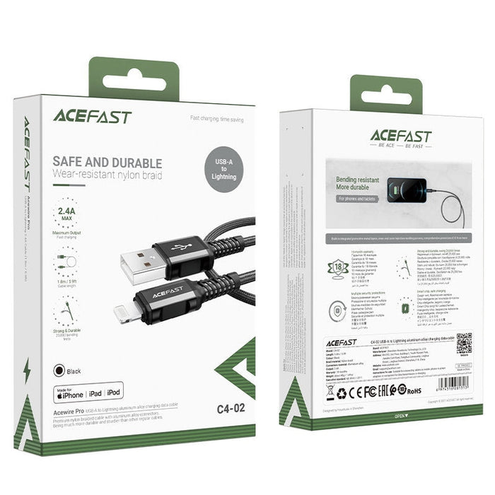 Кабел за зареждане Acefast MFI от USB към Lightning, 1.8m, 2.4А, Черен