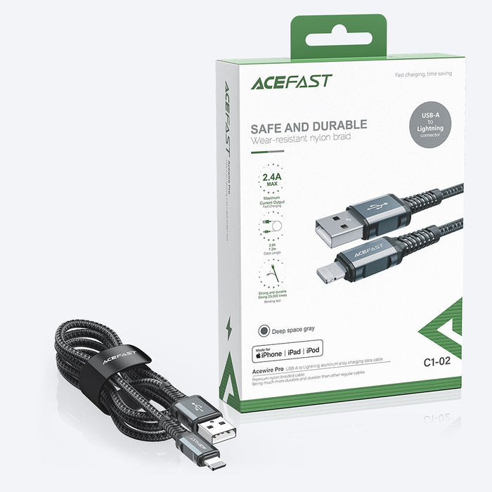 Кабел Acefast C1-02, MFI, USB към Lightning, 1.2 m, 2.4 A, сив