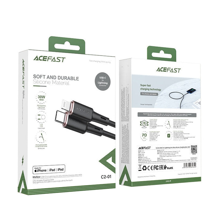 Кабел за зареждане Acefast MFI от USB Type-C към Lightning, 1.2m, 30W, 3A, Черен