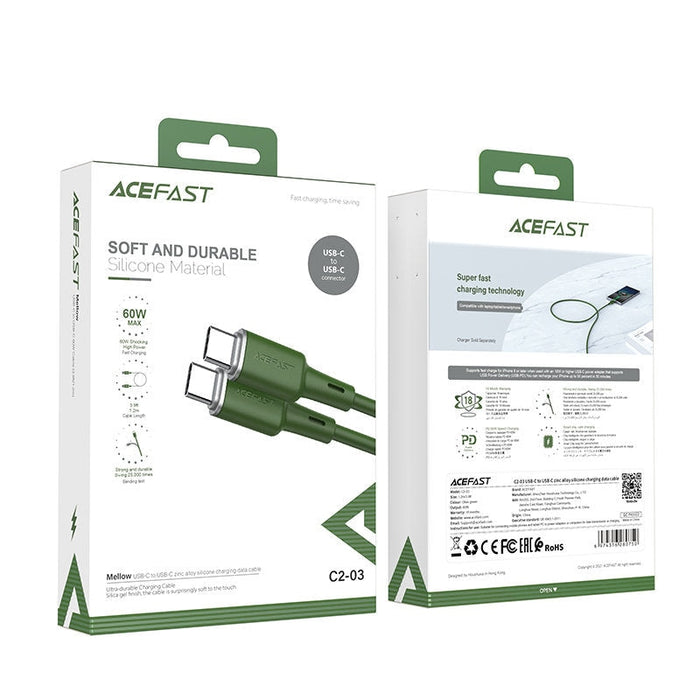 Кабел Acefast C2-03, USB-C към USB-C, 1.2m, 60W, 20V, 3A, зелен
