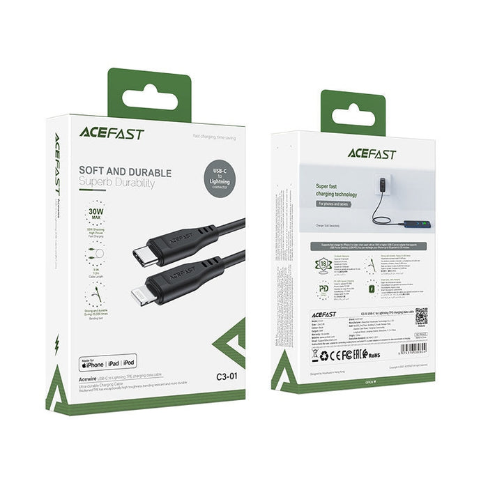 Кабел Acefast C3-01, MFI, USB-C към Lightning, 1.2m, 30W, 3A, черен