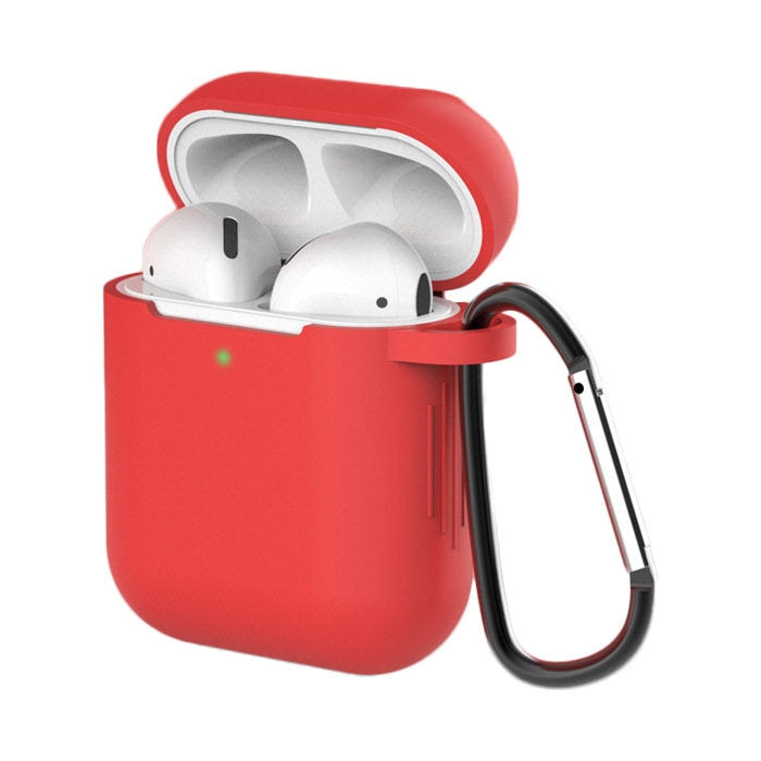 AirPods 2 / AirPods 1 мек силиконов калъф за слушалки, с карабинер, червен, (калъф D)