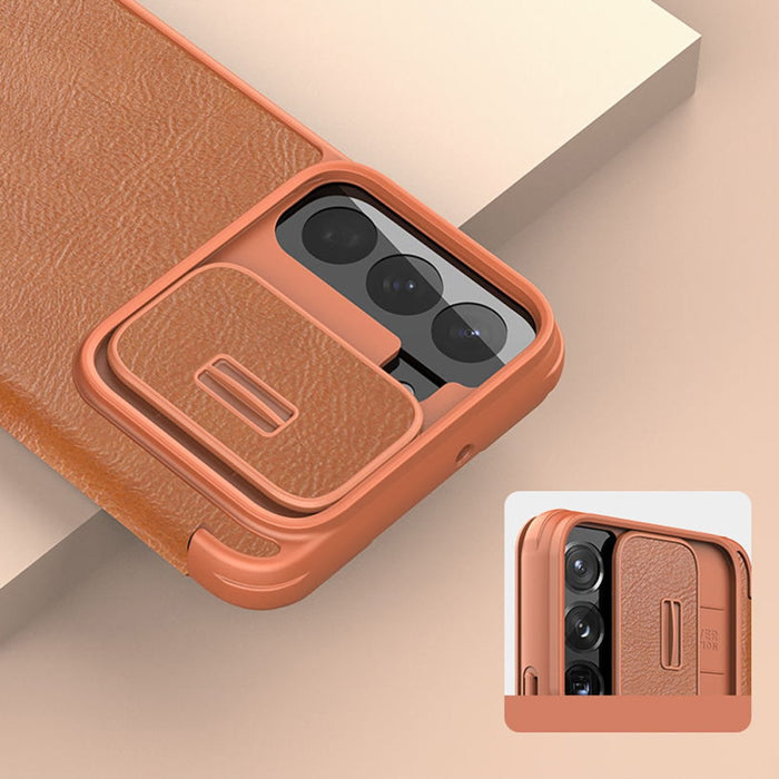 Кейс Nillkin Qin Leather Pro за Samsung Galaxy S22 , със защита за камерата, Кафяв