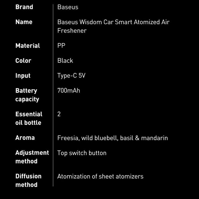 Освежител за автомобил Baseus, с пулверизатор, USB - C за зареждане, 1m, Фрезия и босилек с мандарина, Черен