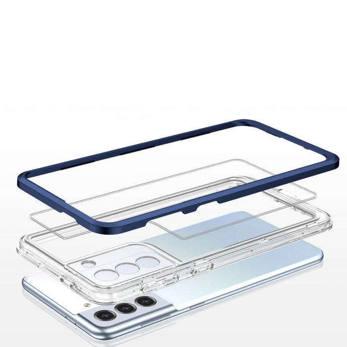 Прозрачен кейс 3в1 за Samsung Galaxy S21 FE с гел рамка син