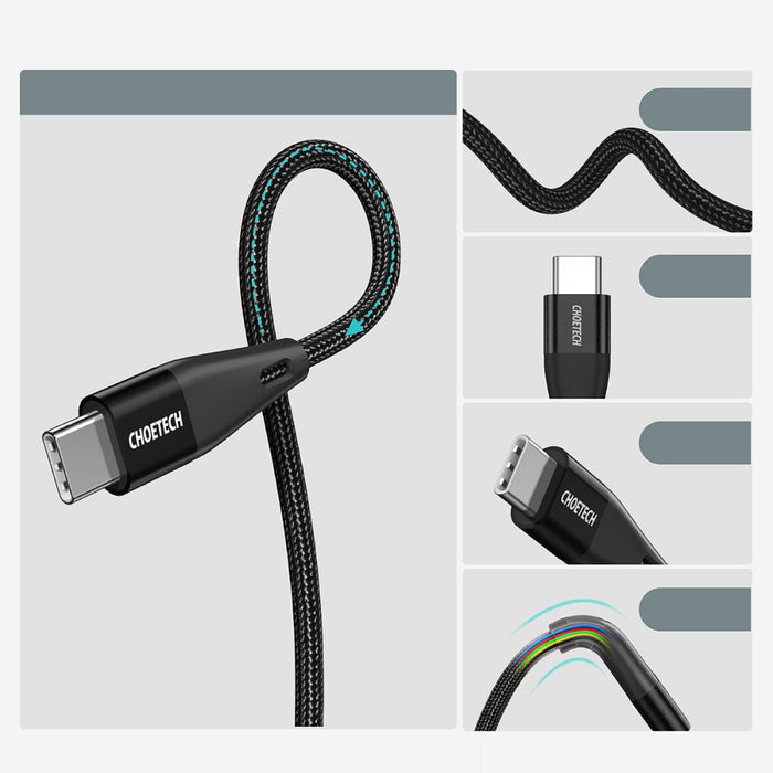 Комплект кабели за зареждане 2хUSB Type C - USB Type C Choetech, Power Delivery, 60W, 5A, 1.2m + 2m, Черен