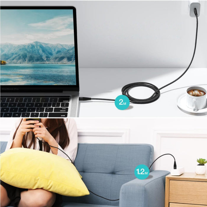 Комплект кабели за зареждане 2хUSB Type C - USB Type C Choetech, Power Delivery, 60W, 5A, 1.2m + 2m, Черен