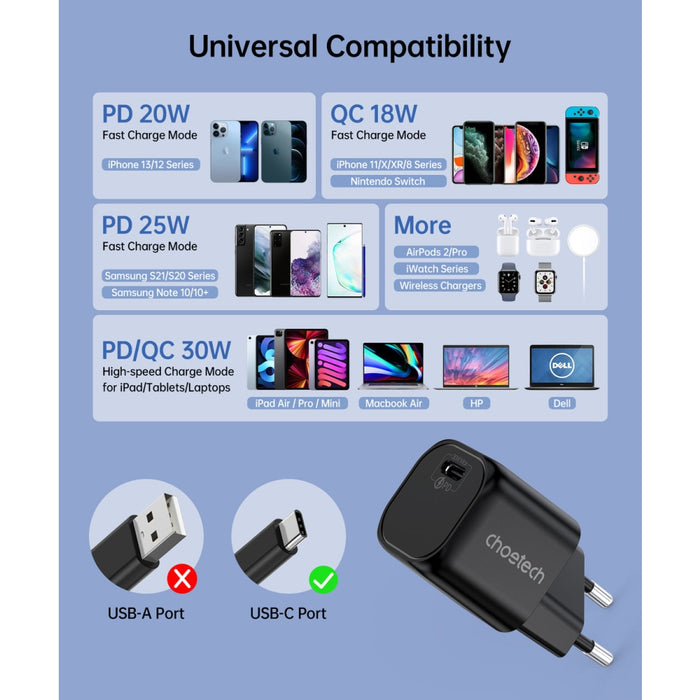 Адаптер за зарядно устройство USB Type C Choetech, GaN, PD, 30W, Черен
