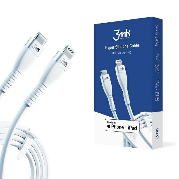Силиконов кабел 3mk USB-C към Lightning, 1m, 20W, 3A, Бял