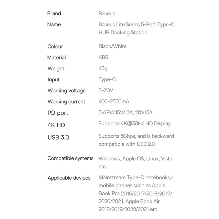 Хъб Baseus Lite Series USB Type C - HDMI / 4x 3.0 20cm Бял