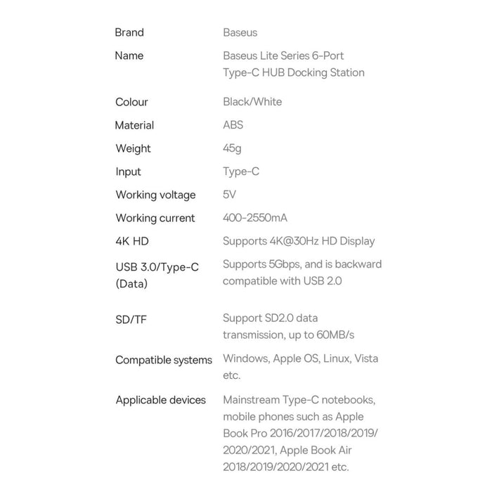 Baseus Lite Series multifunctional HUB USB Type C - 2 x 3.0