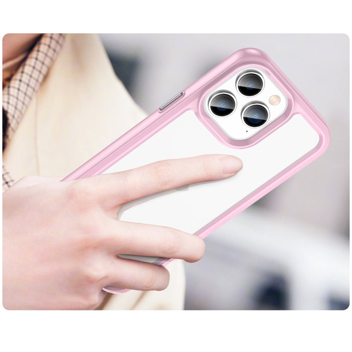 Кейс Outer Space за iPhone14 Pro твърд с гел рамка розов