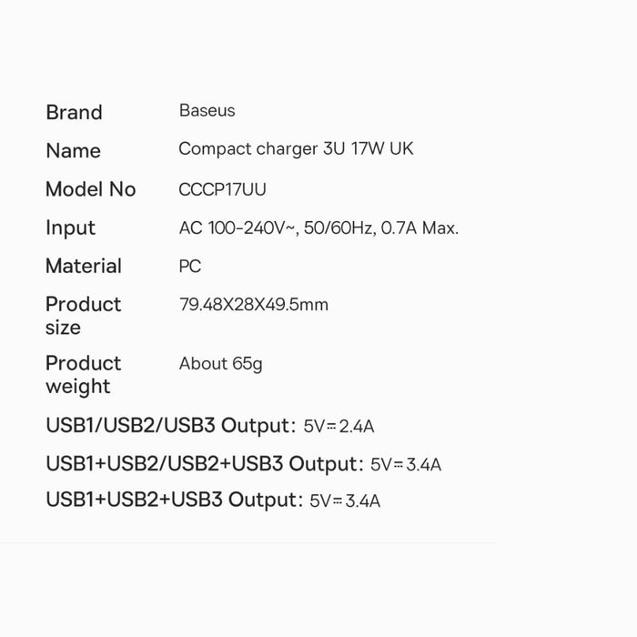 Зарядно устройство Baseus 3x USB 17W UK plug Черен