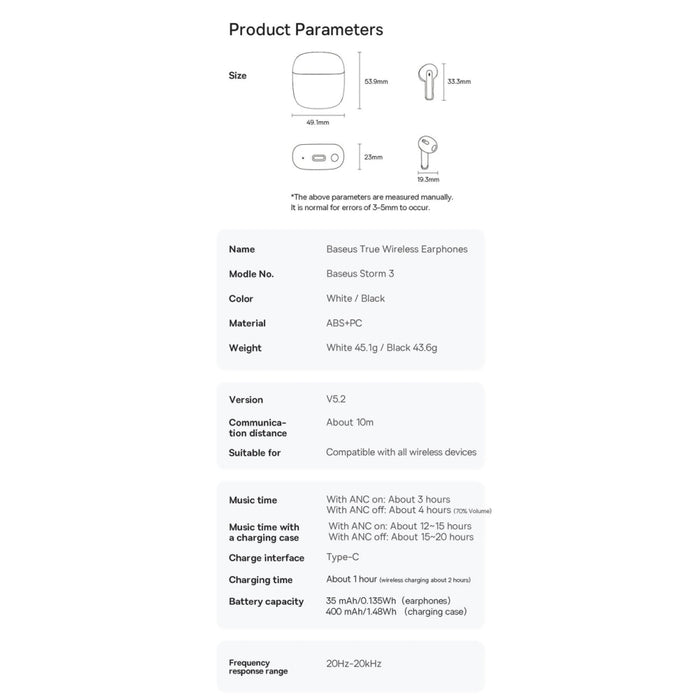 Безжични слушалки Baseus Storm 3 Bluetooth 5.2 TWS ANC Черен